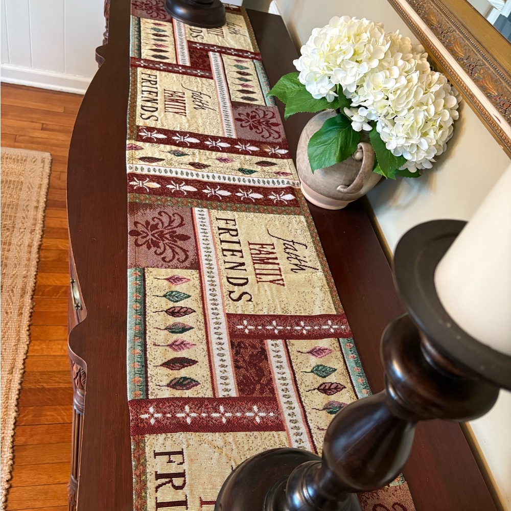 Faith Family Friends Tapestry Table Runner - Red and Cream